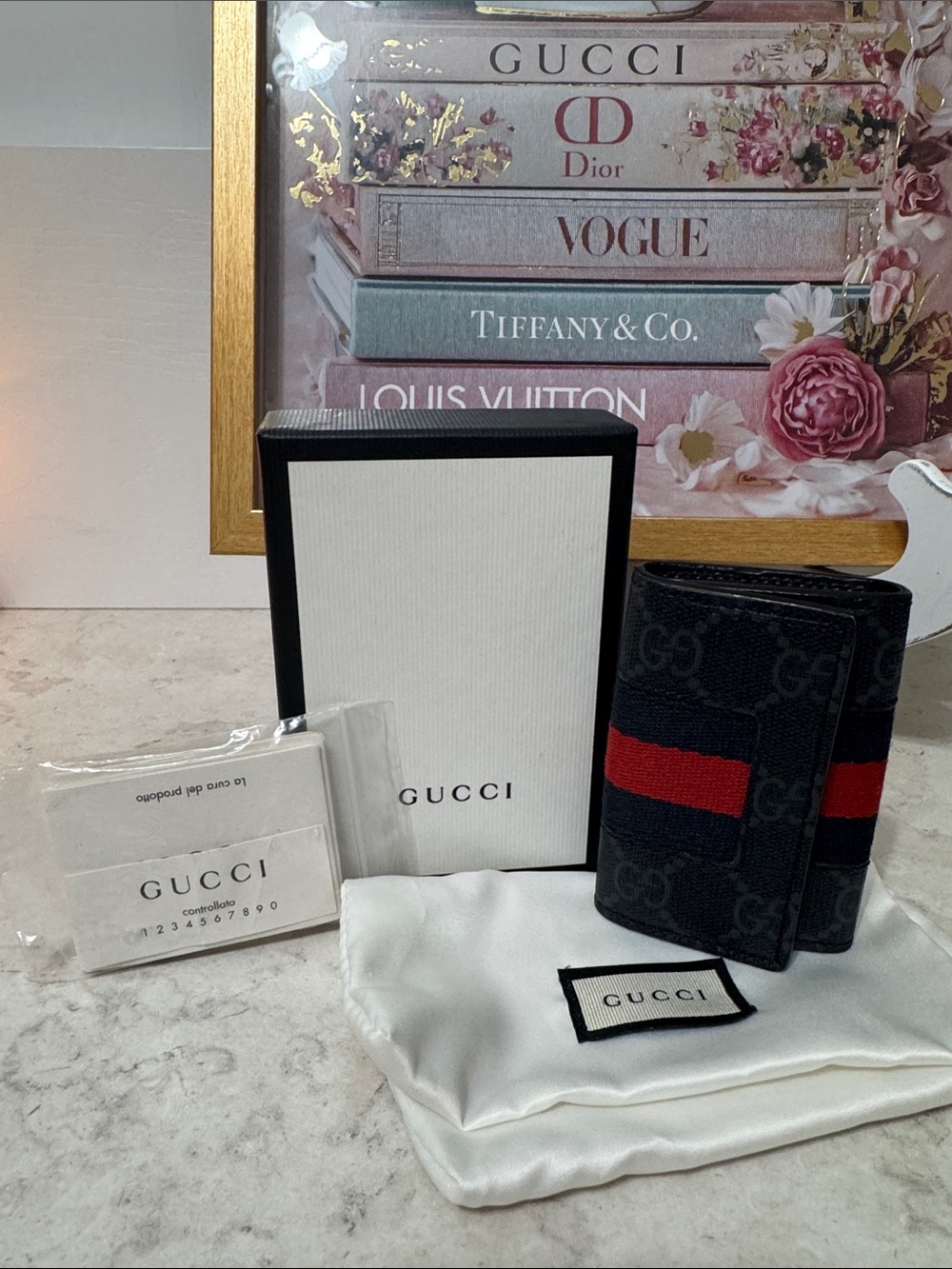 Gucci Black GG Canvas Key & Card Holder with Red Web Stripe full inclusion